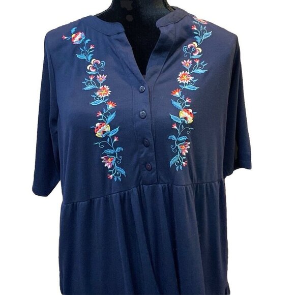 Woman Within Medium 14/16 Maxi Dress Blue Embroidered Floral Boho Cottage Travel - Picture 2 of 10